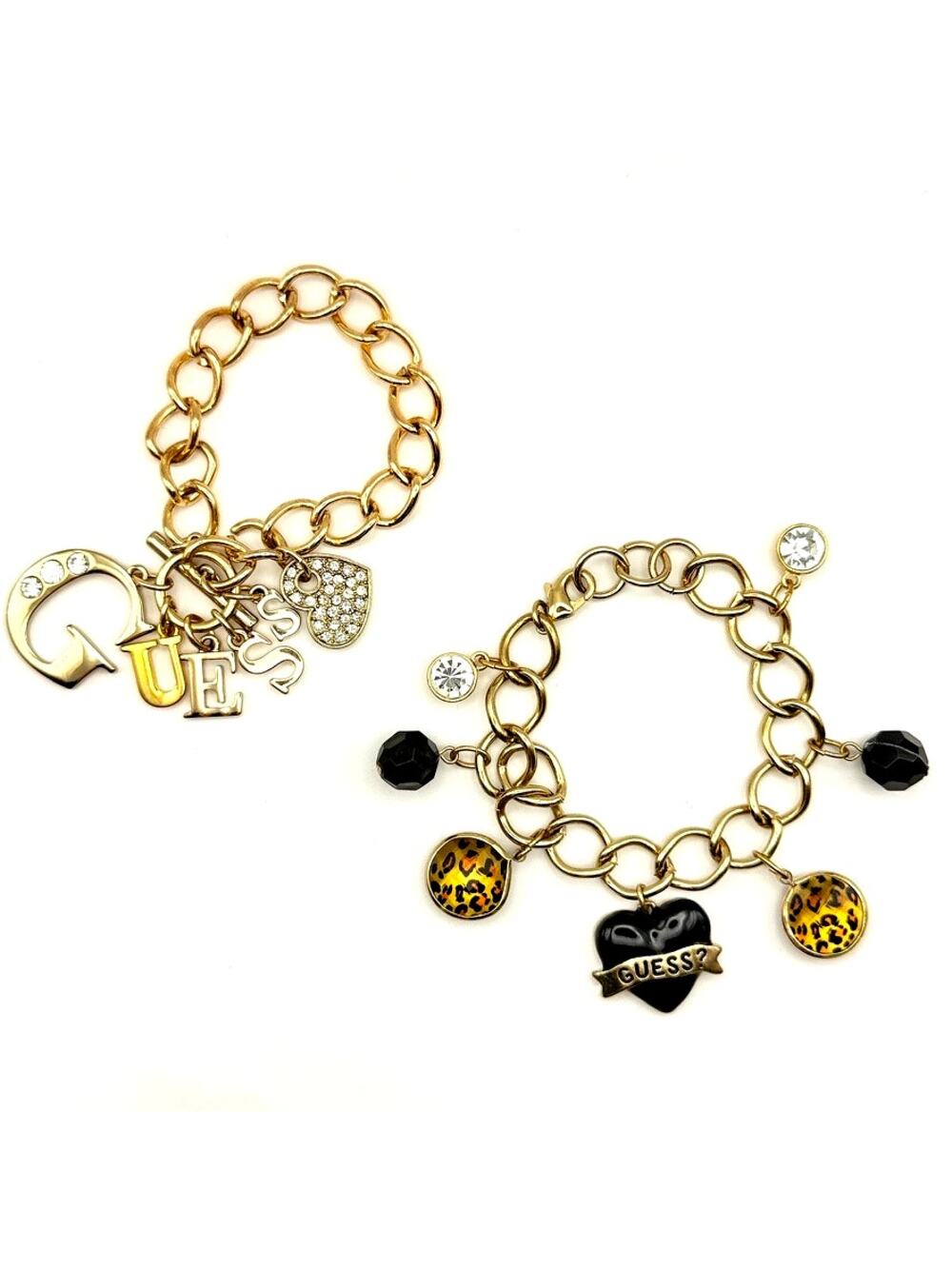 Set of 2 Guess Charm Bracelets Gold Tone Letter Pave Heart Leopard Print Logo